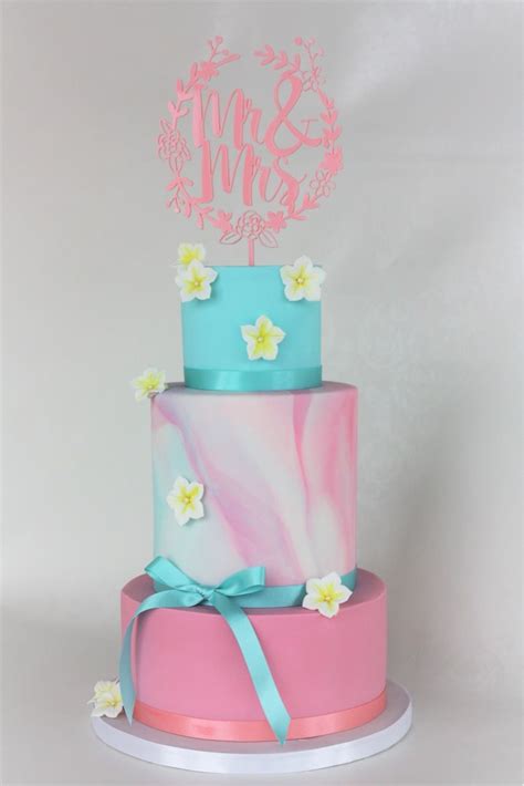 Pastel Pink Turquoise Wedding Cake Fondant Marble Sugar Flowers Cake