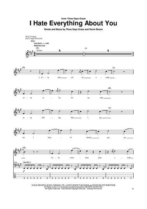 i hate everything about you sheet music by three days grace for bass tab sheet music now