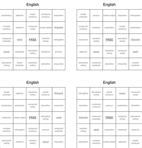 English Bingo Cards WordMint