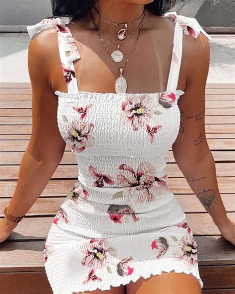 Floral Print Tied Detail Frill Hem Shirred Bodycon Dress