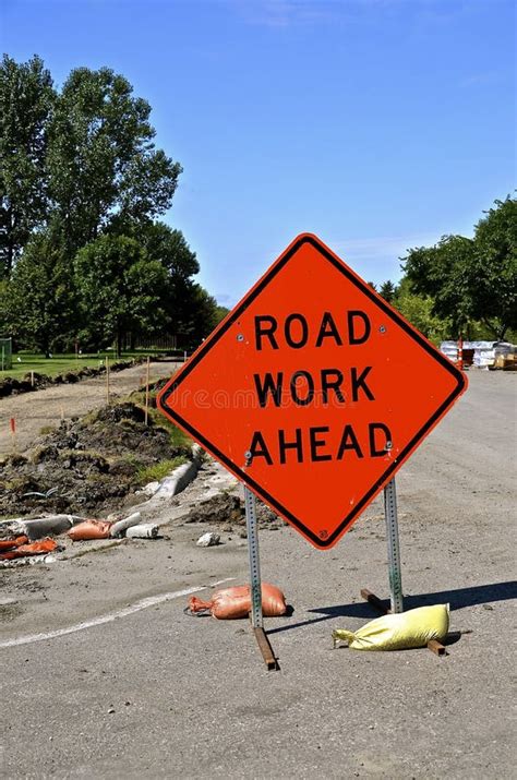 Sign Of Road Work Ahead Stock Photo Image Of Post Drain 88421500