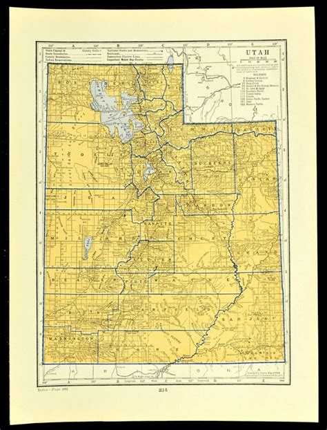 Vintage Utah Map Of Utah Wall Art Decor Print Beige Blue Etsy