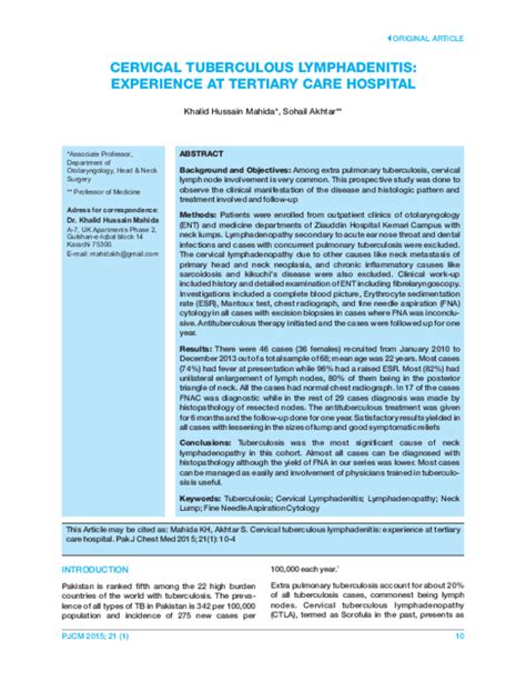 Pdf Cervical Tuberculous Lymphadenitis Experience At Tertiary Care