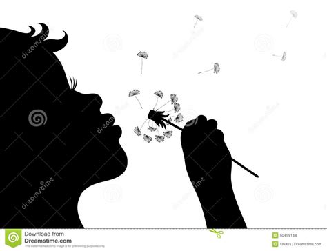 Silhouette Of A Little Girl Blowing Dandelion Isolated In White Stock