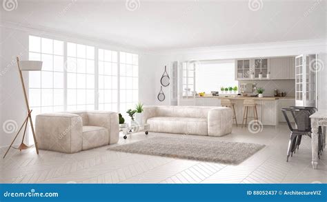 Minimalist White Living And Kitchen Scandinavian Classic Interior