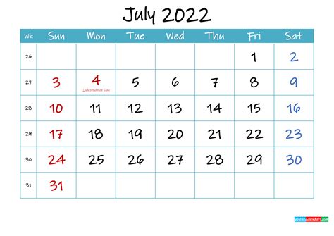 Printable July 2022 Calendar Pdf Template Ink22m67 Free Printable
