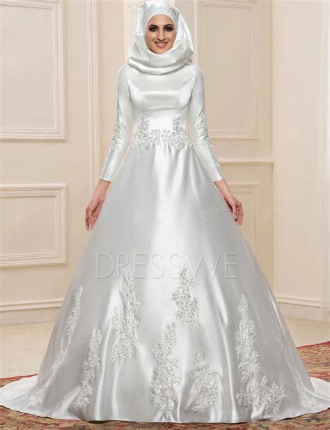 New Muslim Wedding Dress Hijab Long Sleeves Arabic Wedding Gown Satin 2016 Ball Gown Wedding