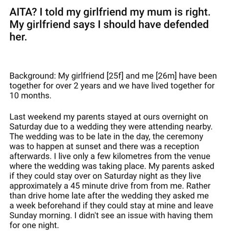 Aita I Told My Girlfriend My Mum Is Right My Girlfriends Says I Should Have Defended Her