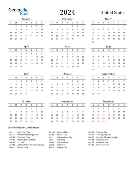 2024 Calendar By Month With Holidays Usa Gilli Junette