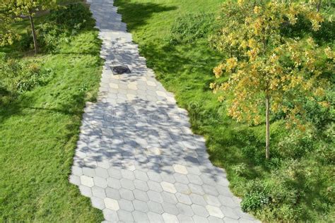 The Path In The Park Lined With Paving Slabs In The Form Of A Diamond
