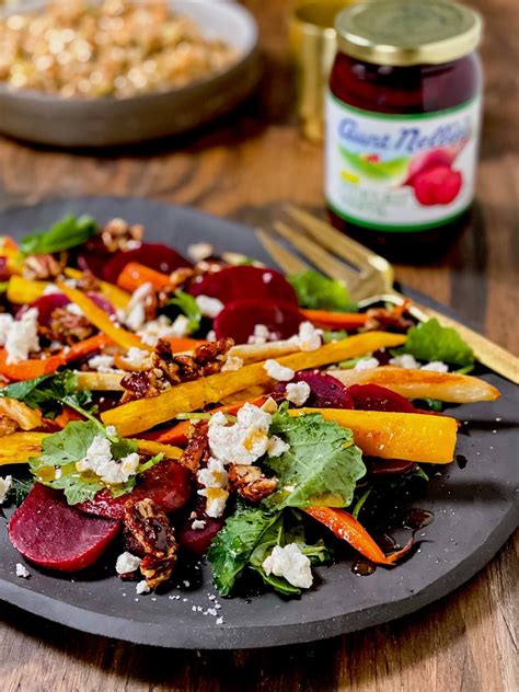 Beet And Roasted Carrot Salad With Kale Spicy Pecans And Goat Cheese