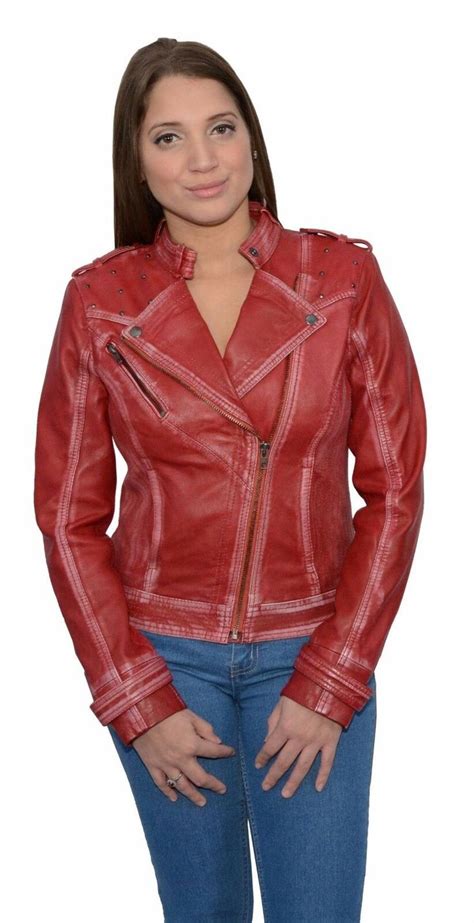 Ladies Red Sheepskin Leather Motorcycle Style Jacket Classic Collar