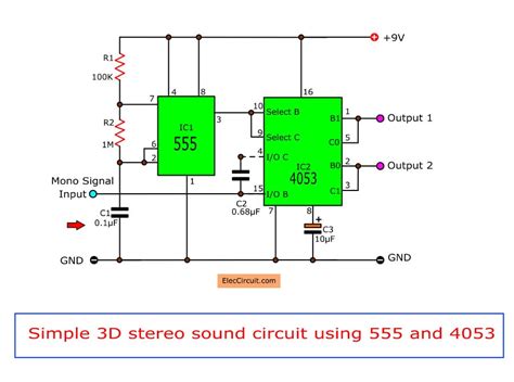 When raising the power and enter the left and right input circuit. Simple 3D stereo sound circuit using 555 and IC4053