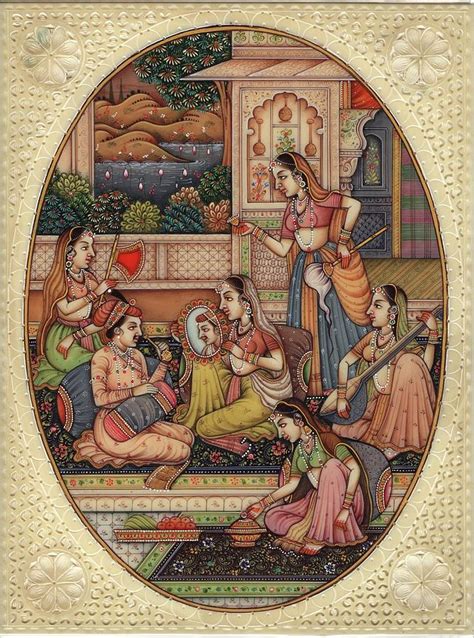 Mughal Indian Miniature Art Handmade Watercolor Mogul Period Harem Folk