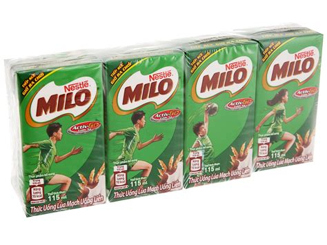Stylised as milo) is a malted chocolate powder typically mixed with milk (within the australasian area), with hot water (some other countries), or both, to produce a beverage. Lốc 4 hộp thức uống lúa mạch Milo Active Go 115ml