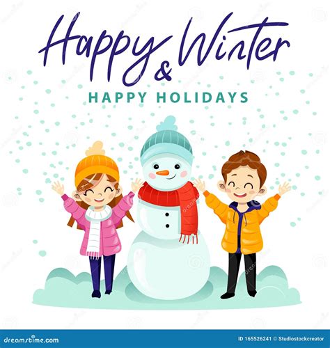 Cartoon Kids Snowman Happy Winter Warm Wishes Text Christmas Season