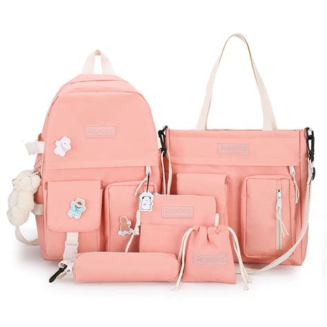 Cute Girls 5 Pieces Backpack Set Classical Canvas Bookbag Shoulder Bag