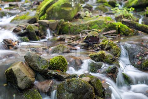 A Stream In A Mountain Forest Flows Through Cascades Of Stones Stock