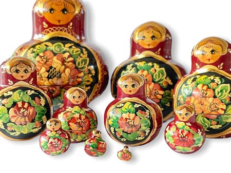 Vintage Russian Nesting Dolls Set Of Ten Wooden Matryoshka Etsy