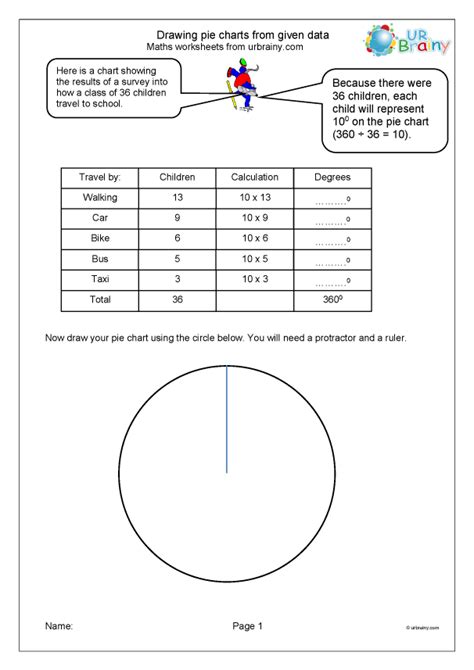 draw  pie chart statistics handling data maths worksheets  year