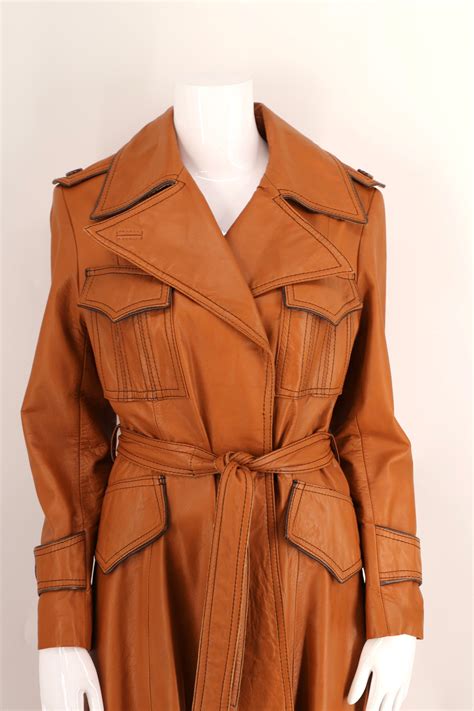 70s Caramel Leather Trench Coat Sz M Vintage 1970s Wilsons Belted