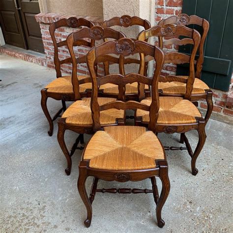 Set 6 Antique French Country Carved Oak Ladder Back Dining Chair Rush