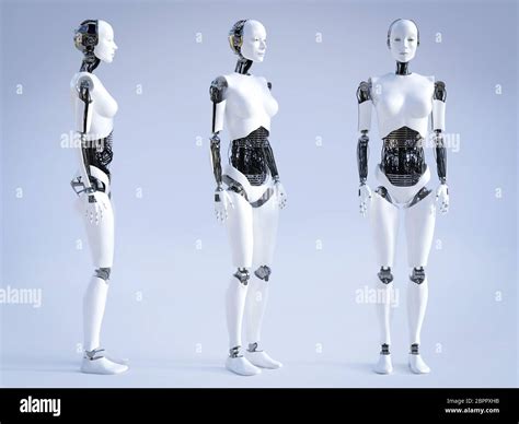 Female Robot Standing A View Of It From Three Different Angles 3d