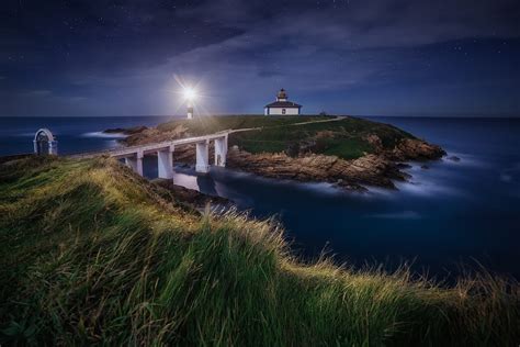 Landscape Nature Lighthouse Bridge Grass Starry Night Sea Island