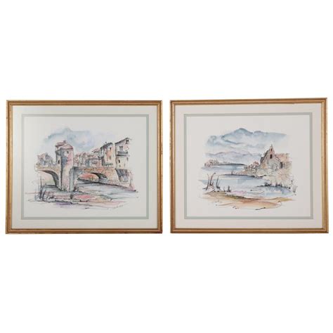 Landscape Watercolor Paintings Of Riverside Village Scenes 1979 Barnebys