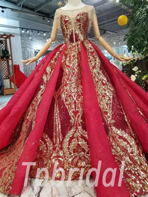 Red And Gold Wedding Dress Illusion Neckline Ball Gown
