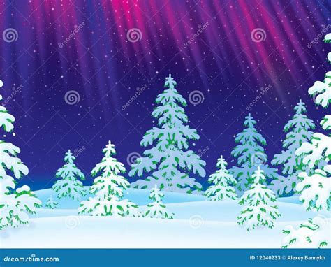 Northern Lights Shine Over The Snow Covered Forest Stock Illustration