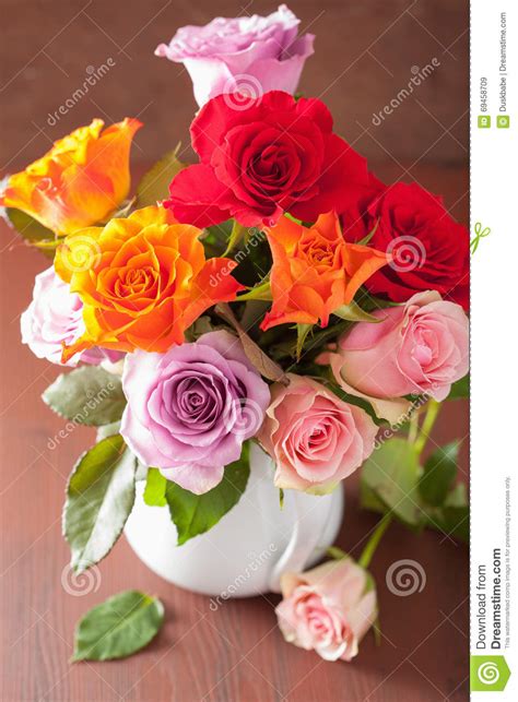Beautiful Colorful Rose Flowers Bouquet In Vase Stock Image Image Of
