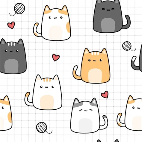 Cute Cat Kitten Cartoon Doodle Padrão Sem Emenda Na Grade Vetor Premium