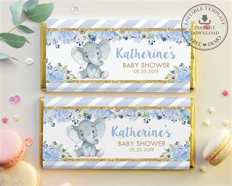 Editable Template Elephant Baby Shower Chocolate Bar
