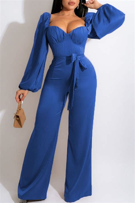 Blue Casual Sweet Solid Patchwork Square Collar Straight Jumpsuitsjumpsuits Knowfashionstyle