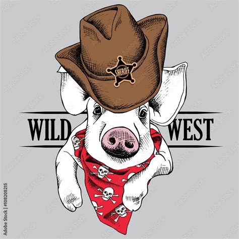 The Image Of Portrait Of The Pig In A Cowboy Hat And Cravat Vector