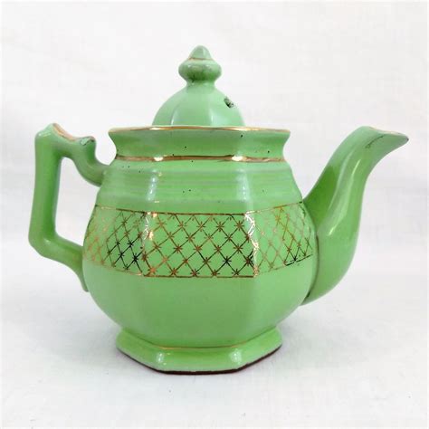 green and gold trim vintage teapot with lid etsy tea pots tea pots vintage vintage porcelain