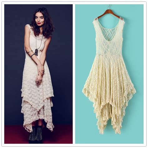 Irregular Lace Dress Boho Hippie Style Asymmetrical Embroidery Sheer Long Dresses Double Layered