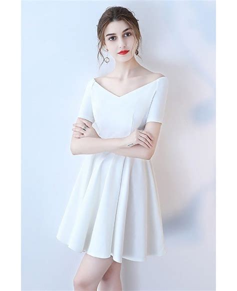 White Off Shoulder Simple Short Homecoming Dress With Sleeves Htx86021