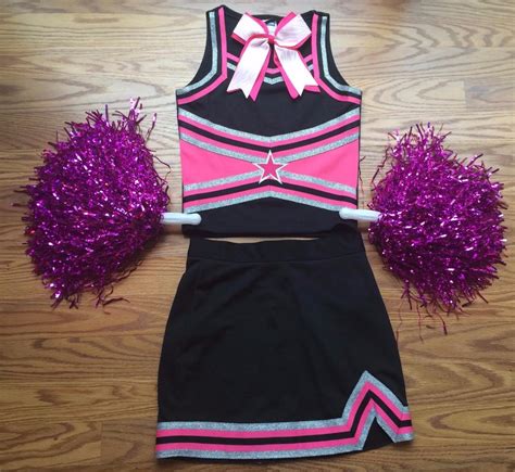 Cheerleader Halloween Costume Outfit Black Hot Pink Uniform Pom Poms 8