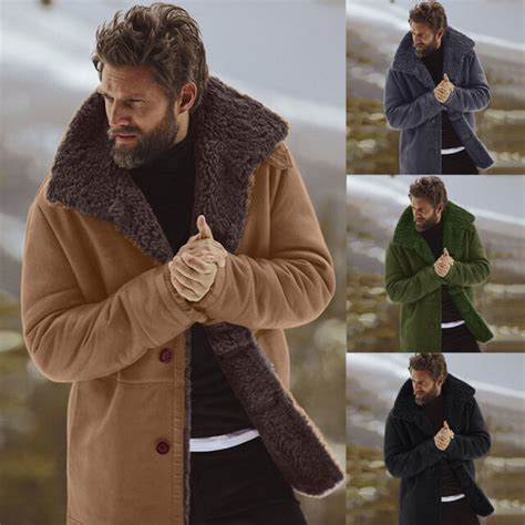 Mens Sheep Jacket Winter Woolen Lined Lamb Coat Parka Overcoat Outwear