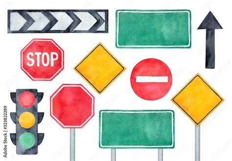 Watercolour Illustration Pack Of Various Road Signs Traffic Lights And