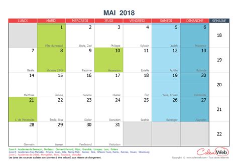 Calendrier Mensuel Mois De Mai 2018 Avec Fêtes Jours Fériés Et