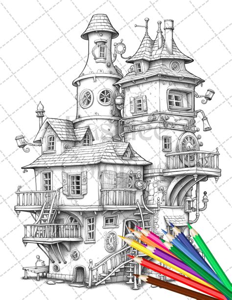 Welcome To Our Collection Of Exquisite Steampunk Houses Grayscale Coloring Pages Designed