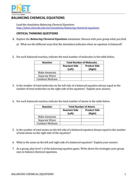 Page 1 problems 2 ca + o2! Balancing Act Worksheet Answers and Pinterest 상의 Workout ...