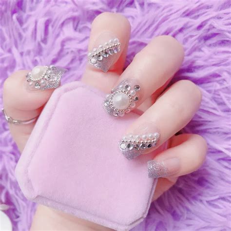 24pcs set pretty pearl rhinestone bride nail art tips pre design clear square head full cover