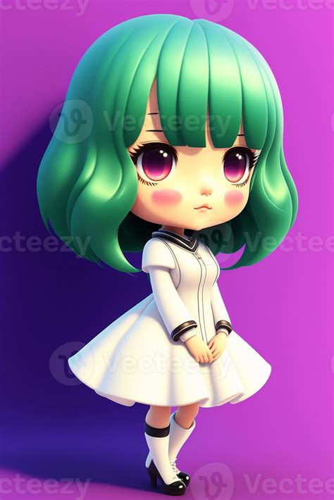 3d Cute Anime Chibi Style Girl In A White Dress With Green Hair