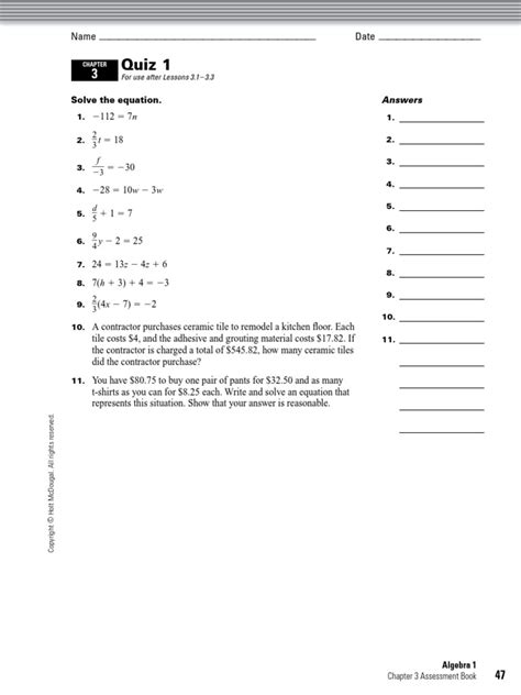 Holt Algebra 1 Chapter 03 Quiz 1 Pdf Rational Number Ratio