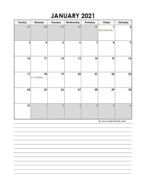 Microsoft Excel Monthly Calendar Template 2021