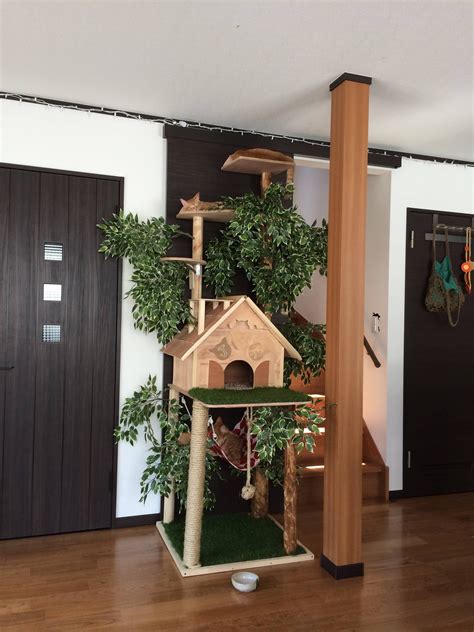 There Is A Cat House In The Middle Of The Room With Plants Growing On It